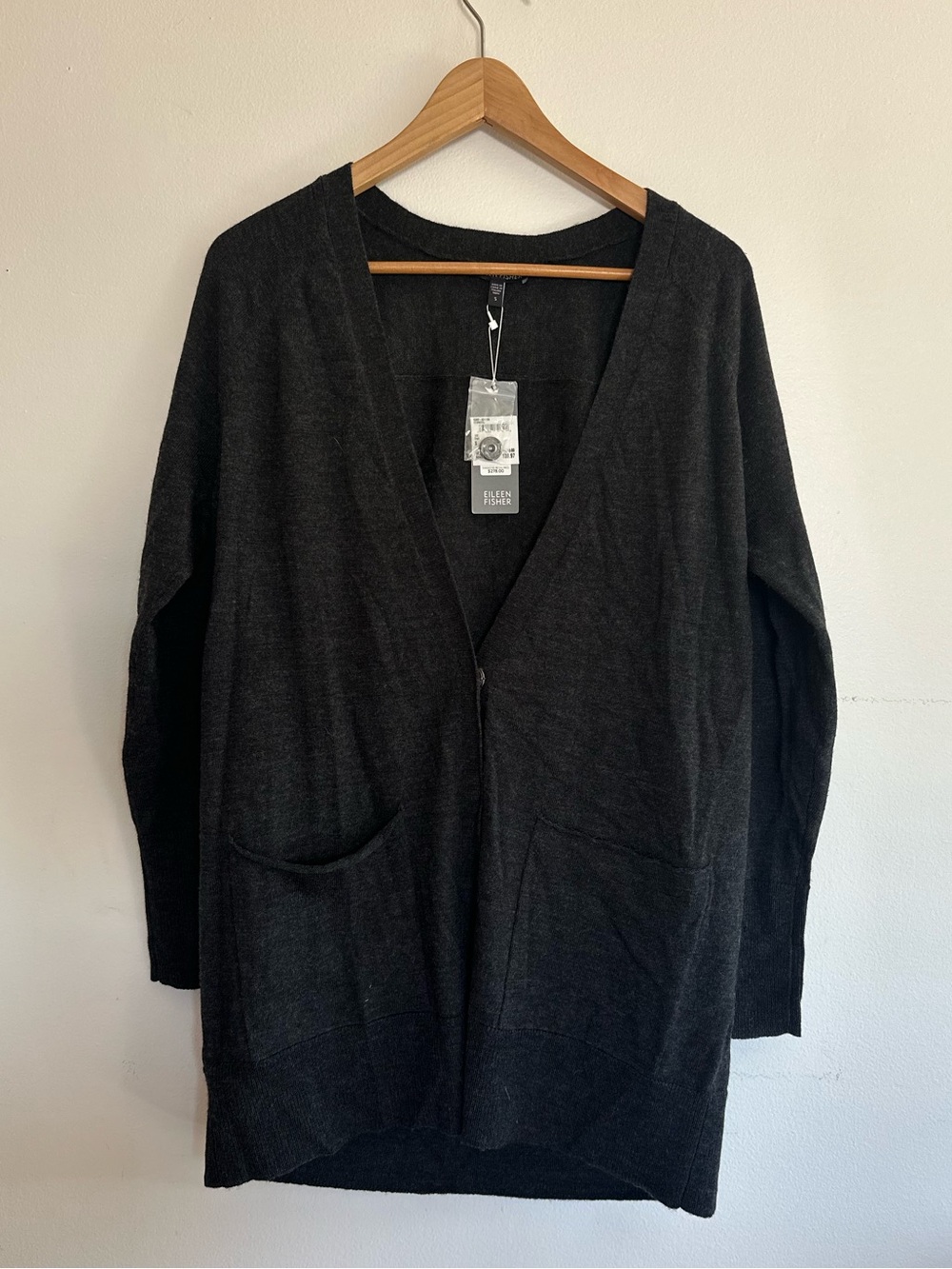 NWT Eileen Fisher Charcoal Gray 100% Merino Wool Cardigan Sweater Minimalist SM